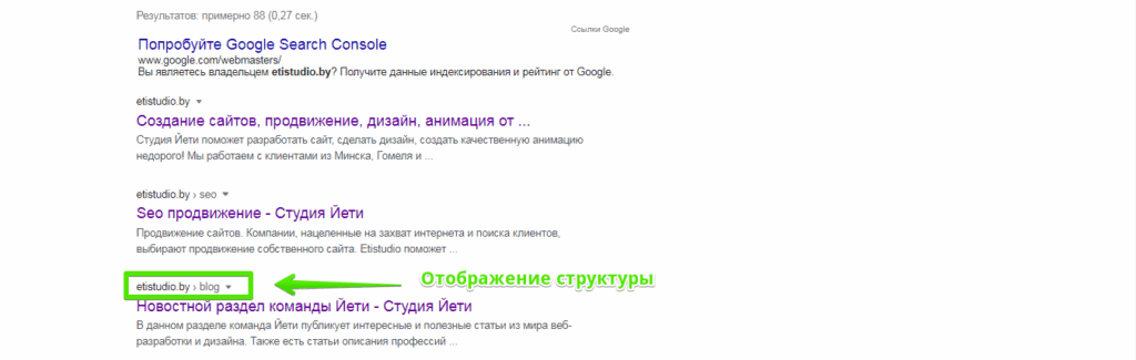 Навигация на сайте оформляется специальной разметкой - вид в поиске Google