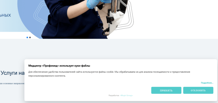 Всплывающее окно обработки согласия пользователя на использование куки файлов на сайте profimed.by